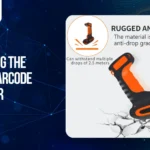 Rugged handheld barcode scanner designed for industrial use with IP67 durability and drop resistance features