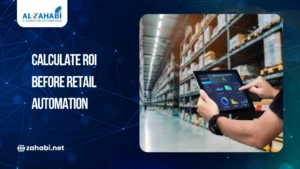 Cover image titled "Calculate ROI Before Retail Automation" featuring a warehouse worker using a tablet to monitor inventory and operational analytics.