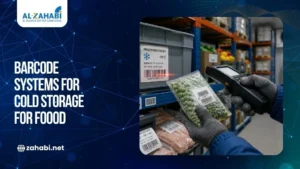 Worker scanning barcode labels on frozen food packages in a cold storage warehouse using a handheld barcode scanner.