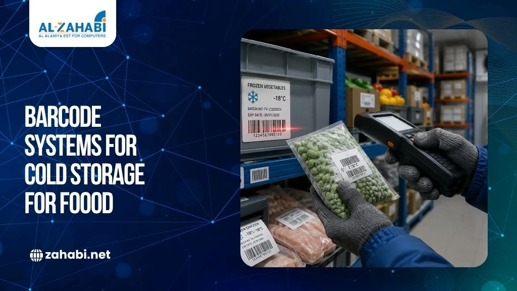 Worker scanning barcode labels on frozen food packages in a cold storage warehouse using a handheld barcode scanner.