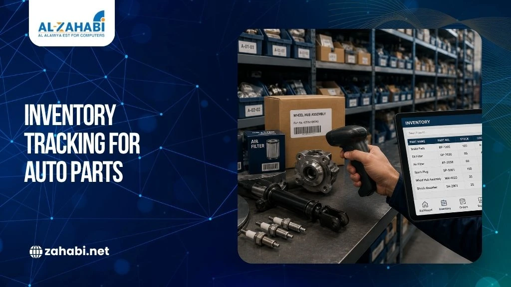 Technician scanning barcode labels on automotive spare parts with inventory management software in a warehouse.
